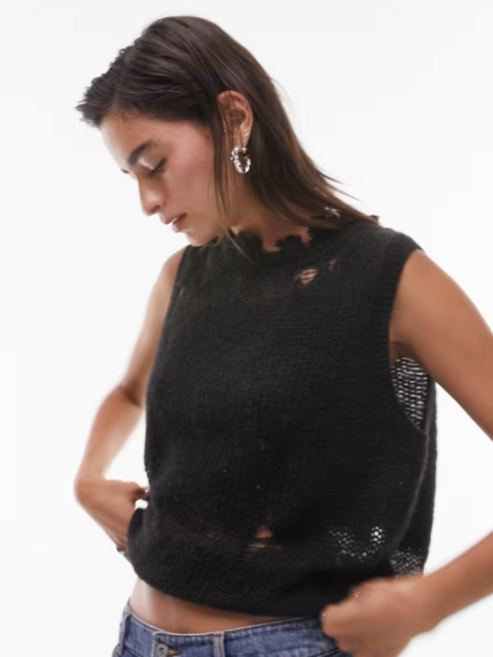 Topshop Knitted Distressed Tank Black M 8-10 New Unworn